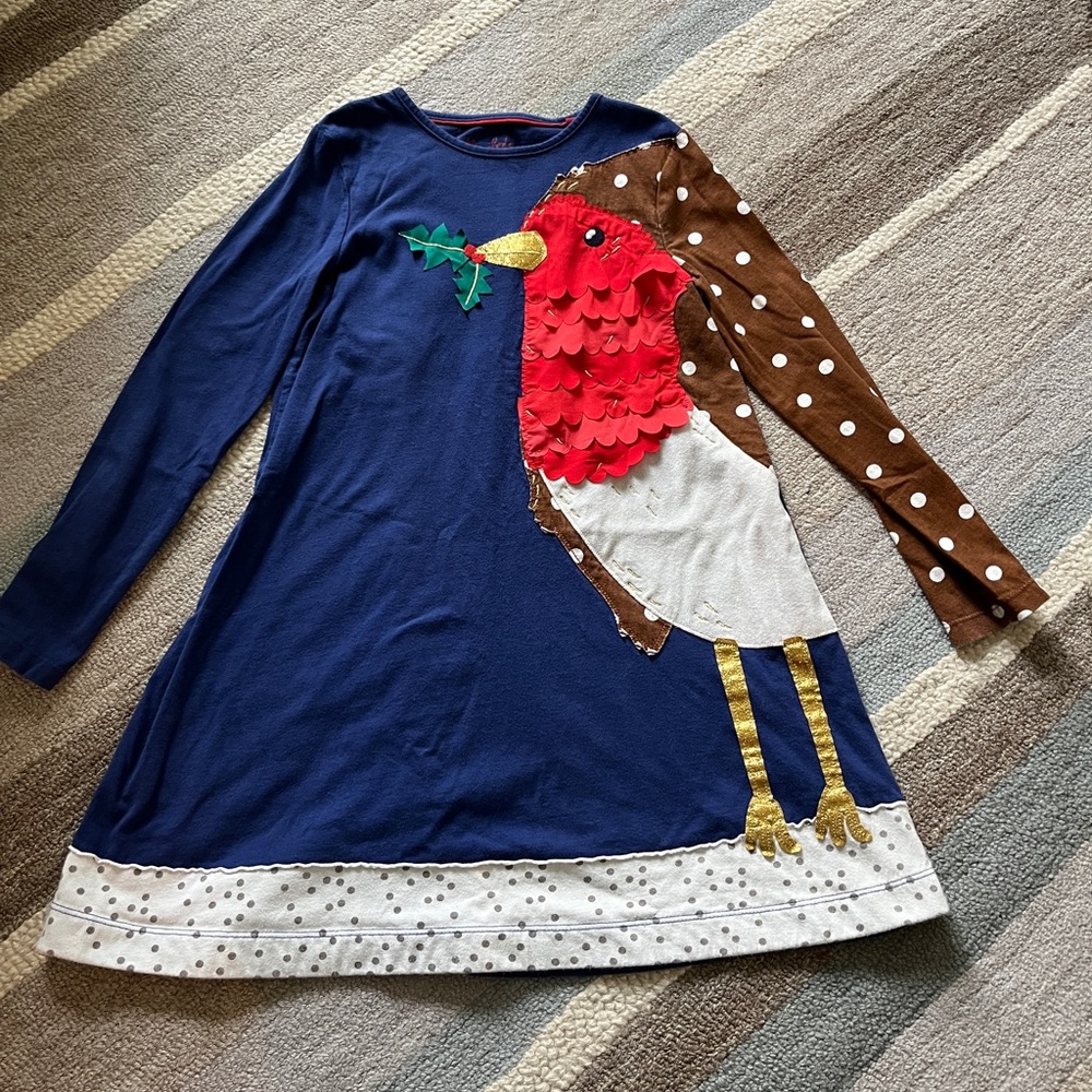 Mini Boden Holiday Dress, bird appliqué and sparkle!